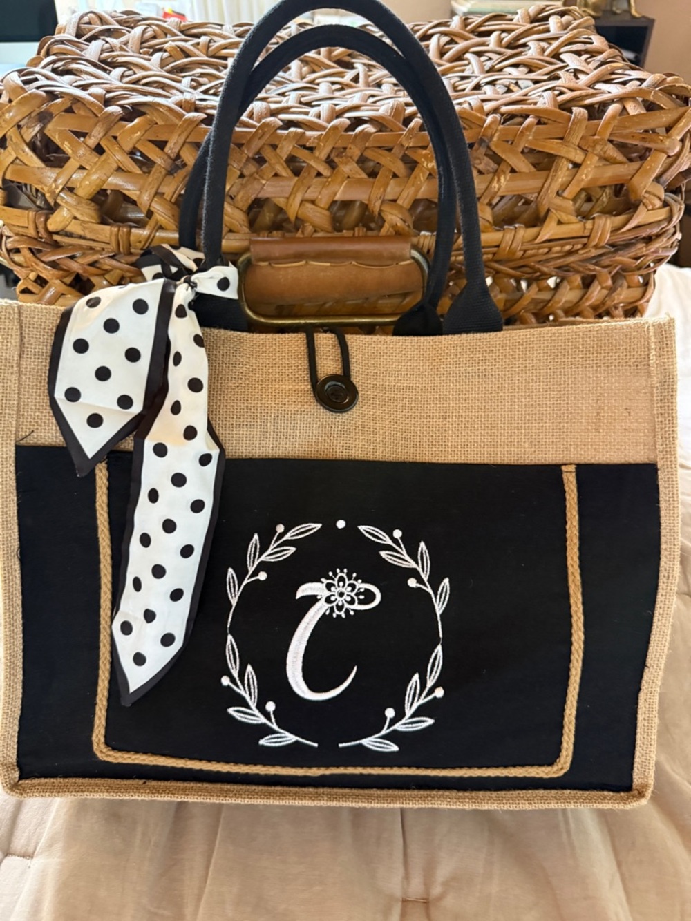 Burlap Tote w initial “c”. Zipper pocket inside